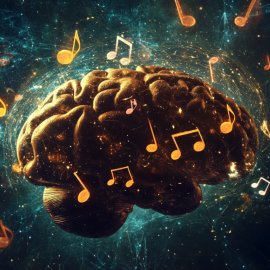 Musical notes around a brain, showing how music works