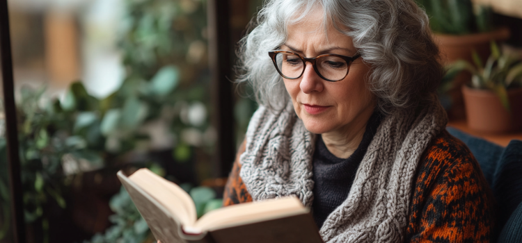 Julian Jaynes: The Origin of Consciousness (Overview) An older woman with gray hair and glasses reading a book and surrounded by plants