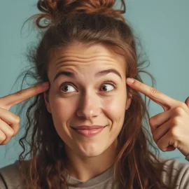 A woman smiling and pointing toward her head with both hands illustrates how to use your unconscious mind