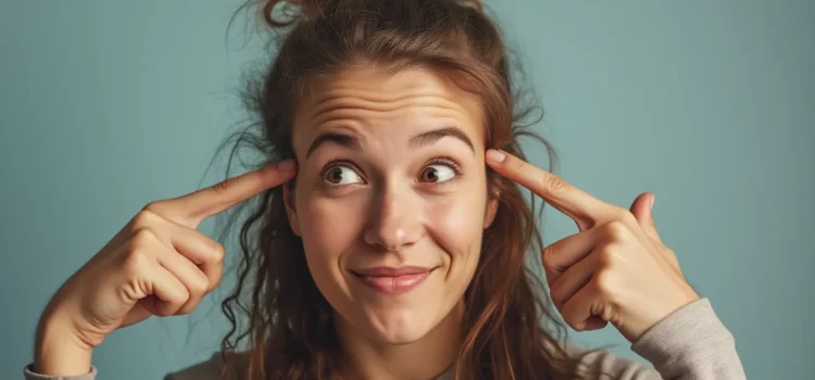 How to Use Your Unconscious Mind: 5 Practical Tips + Exercise A woman smiling and pointing toward her head with both hands illustrates how to use your unconscious mind
