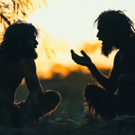 Two prehistoric men in silhouette having a conversation illustrates the question, "How did humans develop consciousness?"