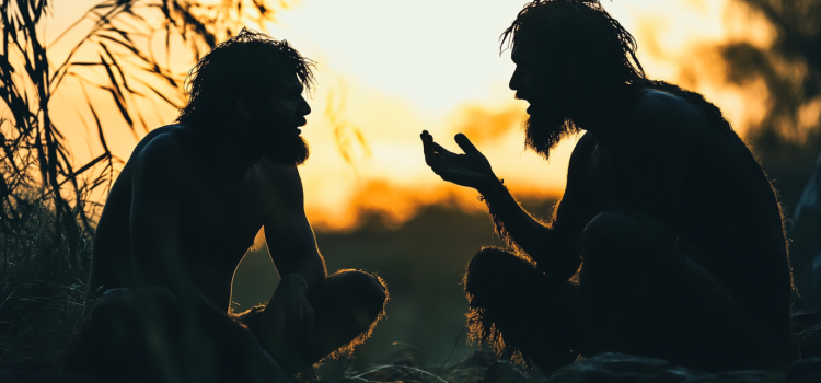 How Did Humans Develop Consciousness? (Jaynes) Two prehistoric men in silhouette having a conversation illustrates the question, "How did humans develop consciousness?"