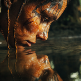 A pre-historic woman looking at her reflection in water illustrates the evolution of human self-consciousness