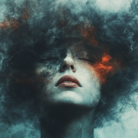 A woman's head depicted like clouds illustrates conscious experience