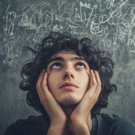 A man looking up with blackboard scribbles behind him illustrates the question, "What is the hard problem of consciousness?"