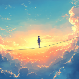 A woman walking on a tightrope in the sky to achieve a balance in life