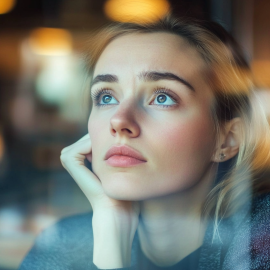 A woman finding it hard to focus and looking out the window during work