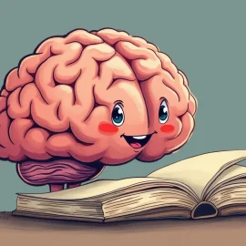 A cartoon drawing of a brain reading a book illustrates the reading brain