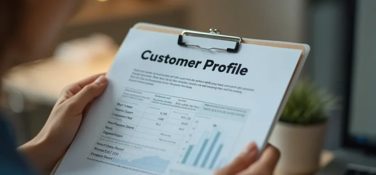 How Profitable Customers Can Help You Attract Similar Clients Las manos de una mujer sosteniendo un documento titulado "Perfil del cliente" ilustran la importancia de identificar a los clientes rentables