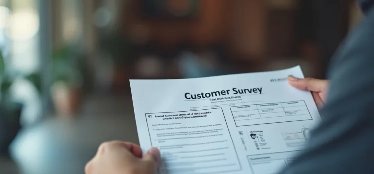 Customer Needs Analysis: 2 Ways to Pinpoint Their Pain Points As mãos de uma pessoa segurando um documento intitulado "Pesquisa com clientes" ilustram a análise das necessidades dos clientes