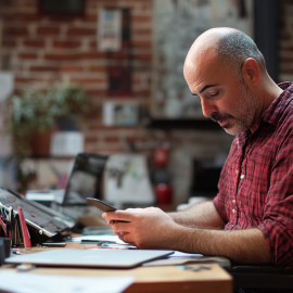 A man texting on his phone at work, showing that distractions are good sometimes