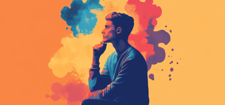 What Is Mental Contrasting? Gabriele Oettingen Explains A colorful drawing of a man sitting and thinking illustrates the question, "What is mental contrasting?"