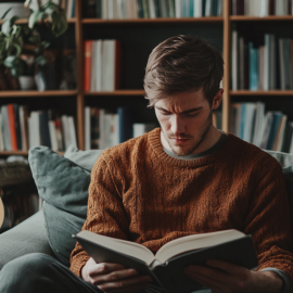 A creative man reading a book on a couch with a guitar leaning against a shelf behind him