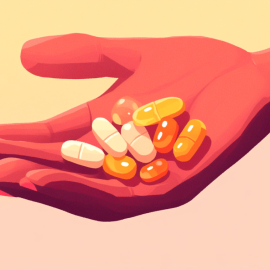 A cartoon image of a hand holding a handful of anti-aging drugs