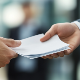 A manager delegating tasks to an employee by handing them papers