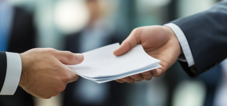A manager delegating tasks to an employee by handing them papers