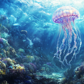 An artistic image of a jellyfish swimming in the ocean