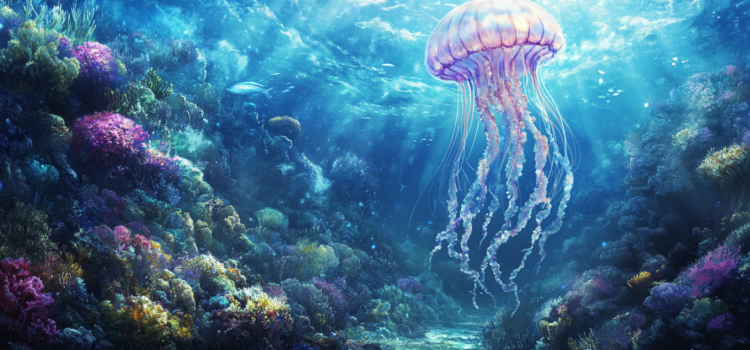 Jellyfish Age Backwards by Nicklas Brendborg—Overview An artistic image of a jellyfish swimming in the ocean