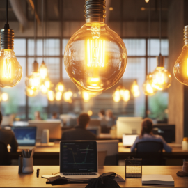 Many lightbulbs in an open workspace illustrates organizational insight