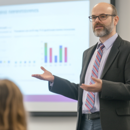 A bald man with eyeglasses giving a presentation with a simple graph on a screen illustrates how to present data visually