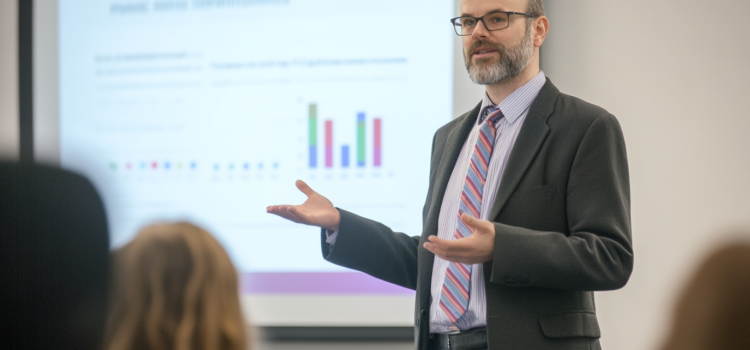 How to Present Data Visually: 3 Ways to Make Info Easy to Process A bald man with eyeglasses giving a presentation with a simple graph on a screen illustrates how to present data visually