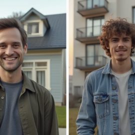A man in front of a house and a man in front of apartments illustrates the link between socioeconomic status and success