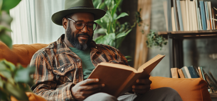 Free to Focus: Book Overview & Takeaways (Michael Hyatt) Ein Mann in Hipster-Kleidung liest ein Buch