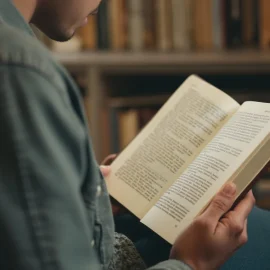 A man reading a book with a bookshelf in the background