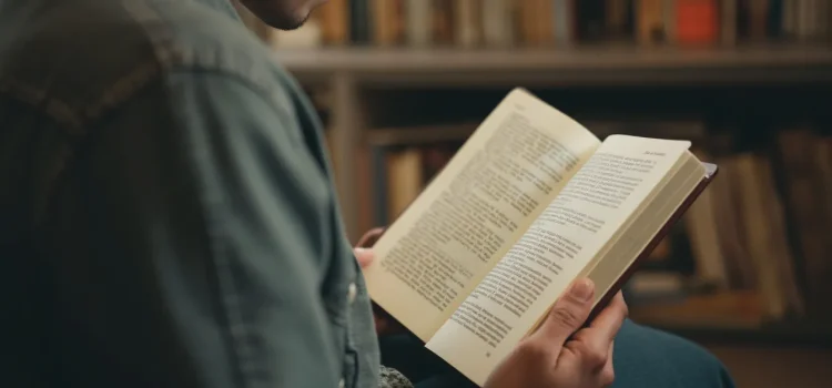 Rethinking Positive Thinking by Gabriele Oettingen (Book Overview) Um homem lendo um livro com uma estante de livros ao fundo