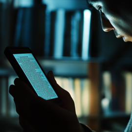 A man reading a book on a mobile phone at nighttime with a bookshelf in the background illustrates reading in the digital age