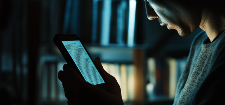 Reading in the Digital Age Is Altering Our Brains (Maryanne Wolf) A man reading a book on a mobile phone at nighttime with a bookshelf in the background illustrates reading in the digital age