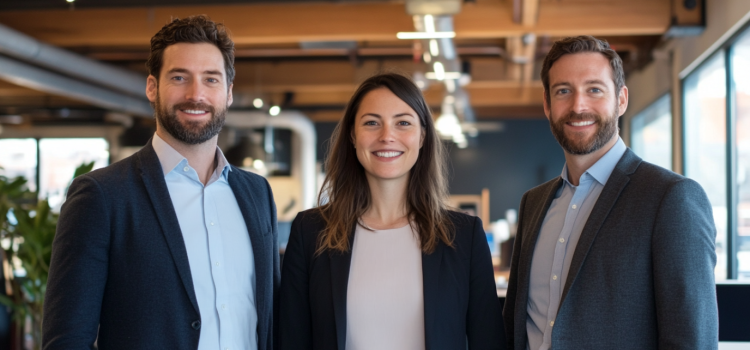 Three smiling professionals--two men and one woman--in an open workspace illustrates the neuroscience of success