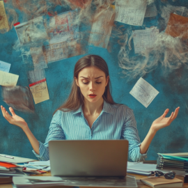 A woman trying and failing to do several things at once because multitasking is bad