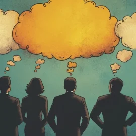 A drawing of six professional people, seen from behind, with thought bubbles over their heads illustrates business ideation