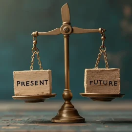 A scale with "PRESENT" and "FUTURE" balanced illustrates how to be content with the present and excited about the future