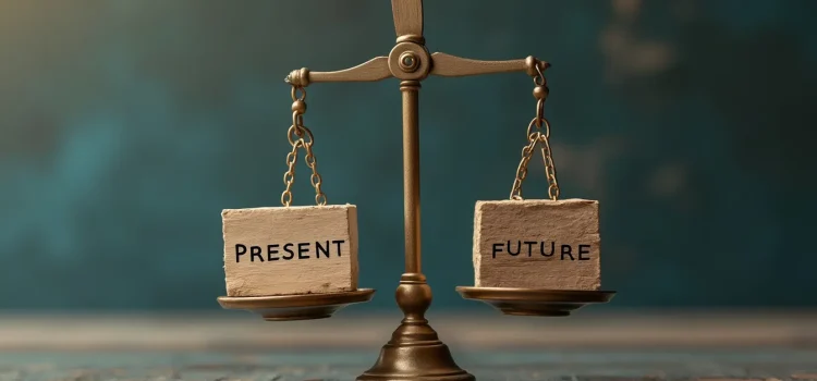 Be Excited About the Future (While Being Content With the Present) A scale with "PRESENT" and "FUTURE" balanced illustrates how to be content with the present and excited about the future
