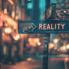A street sign in a city that reads "REALITY" telling people to accept reality
