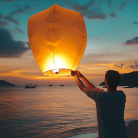 A man letting go of a paper lantern on a beach, representing the Let Them Theory