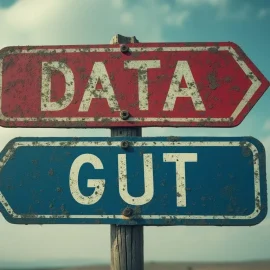 A crossroads with one road sign pointing to "DATA" and the other pointing to "GUT" illustrates data-based decision-making