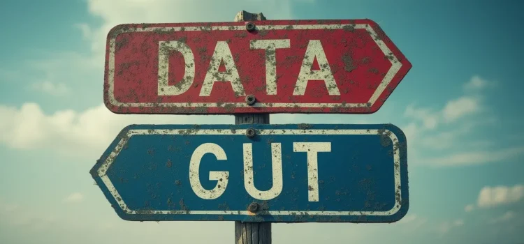 Data-Based Decision-Making Is Better Than Trusting Your Gut A crossroads with one road sign pointing to "DATA" and the other pointing to "GUT" illustrates data-based decision-making