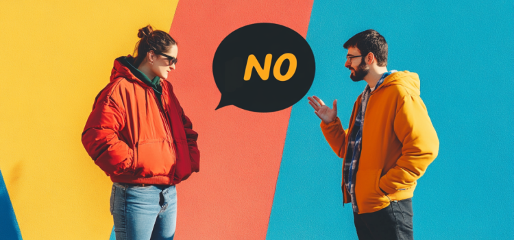 How to Say No to People Without Hurting Their Feelings Una mujer diciendo no a un hombre delante de un fondo colorido