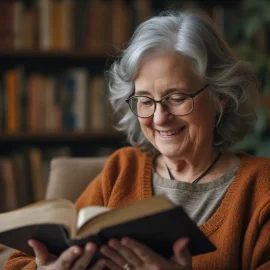 A smiling woman with gray hair and an orange sweater reading a book while sitting in a chair in front of a bookshelf