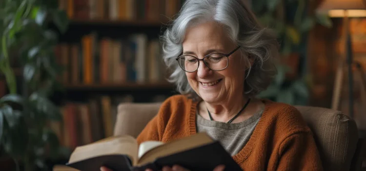 Gary Klein’s Seeing What Others Don’t: Book Overview A smiling woman with gray hair and an orange sweater reading a book while sitting in a chair in front of a bookshelf