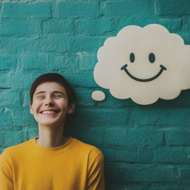 A person with a thought bubble shaped like a smiley face illustrates the link between positive thinking and motivation
