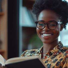 A smiling woman holding an open book with bookshelves and a window in the background
