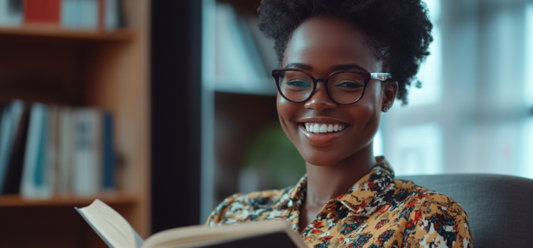 The Code of the Extraordinary Mind by Vishen Lakhiani: Overview Uma mulher sorridente segurando um livro aberto com estantes de livros e uma janela ao fundo