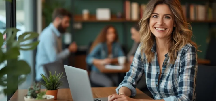 A smiling woman working on a laptop illustrates how to make a business more efficient