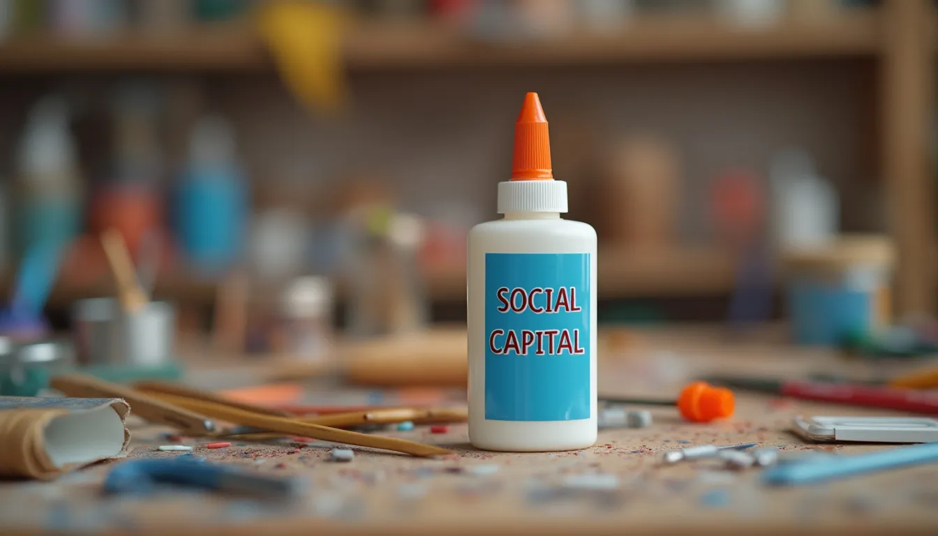 A bottle of glue labeled 'social capital,' representing the idea that trust and networks hold communities together