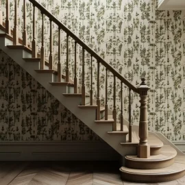 A staircase in an old house that has wallpaper on the walls illustrates dangers in the home