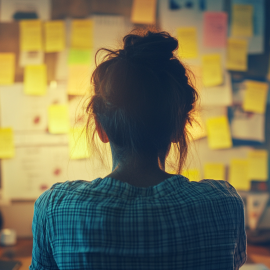 A woman looking at a wall of sticky notes to create a productivity matrix template